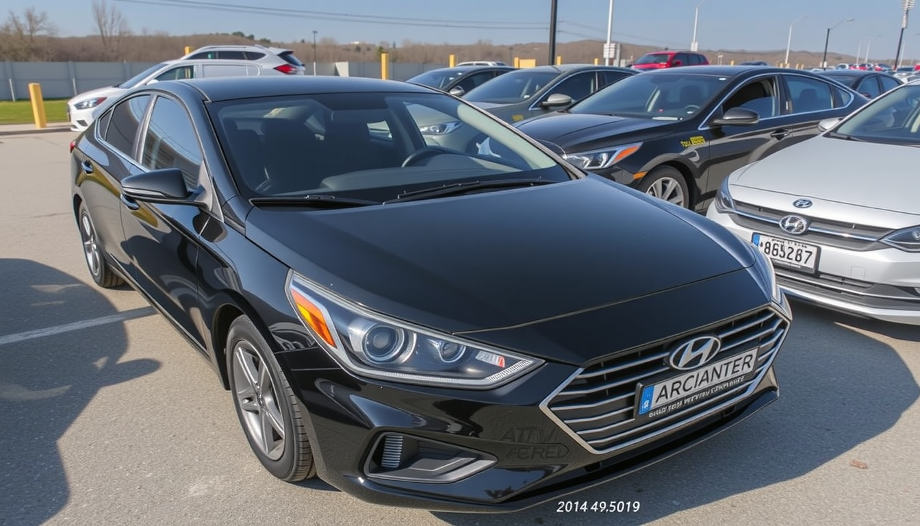 Main art studio: 2020 Hyundai Accent sedan, gloss black paint, aggressive sporty OEM+ build, lowered suspension, 17-inch gloss black multi-spoke alloy wheels, low-prof