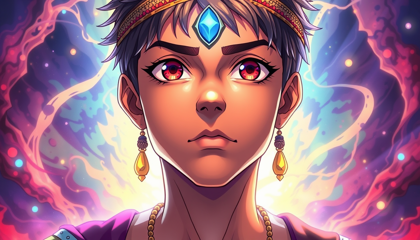 Anime idea: anime style, vibrant colors, expressive eyes, Indian boy with mystic apprearences , detailed anime illustration