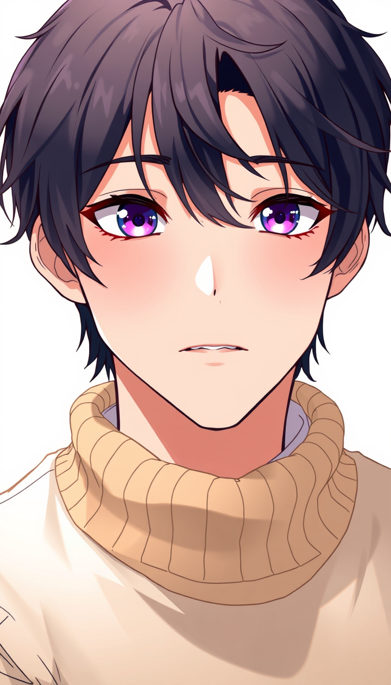 Anime idea: anime style, vibrant colors, expressive eyes, A man with a semi-realistic drawing style. With a youthful face, the face is neat and black hair and pur