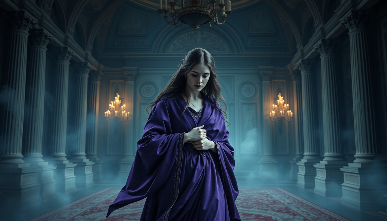Main art studio: generate me a lady carrying purple robes in a palace but a tense, dramatic, gloomy attmosphere/not too realistic, like an artwork painted in the 1800s