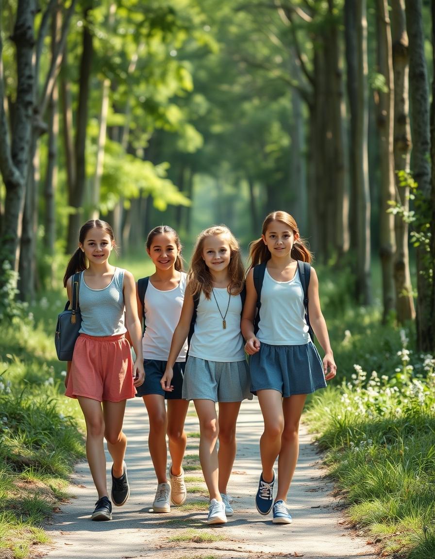 Main art studio: Three different white 12-year-old schoolgirls walking home from school along a forest path on a hot summer afternoon, wearing tank tops and short skir