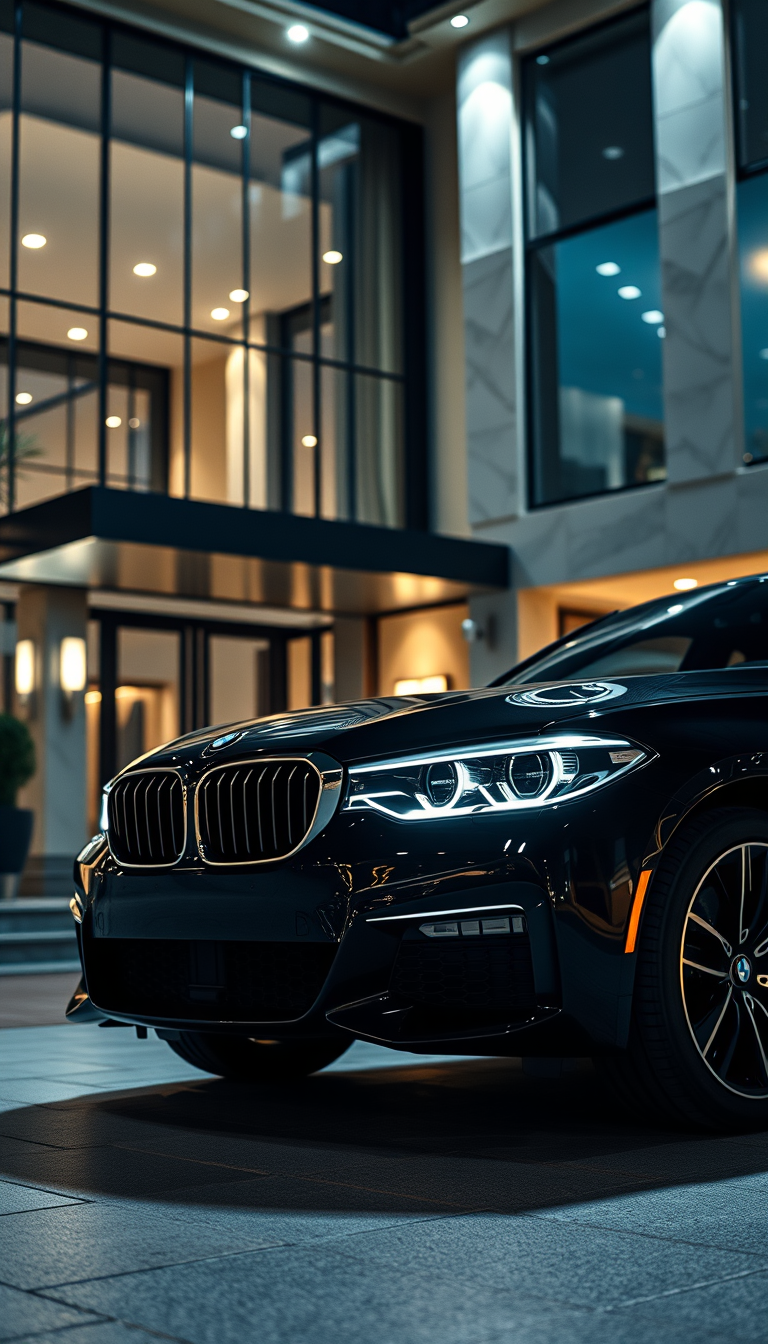 Main art studio: A stunning black BMW luxury sedan parked outside a modern glass-and-marble mansion at night, dramatic architectural lighting, glossy paint reflections