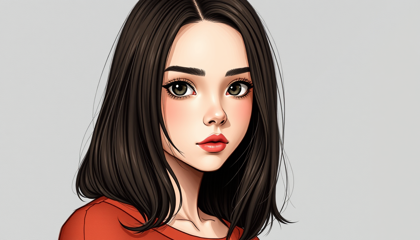 Main art studio: Make a girl with medium dark brown hair, round face, black eyes make that drawing make the same girl facing forward