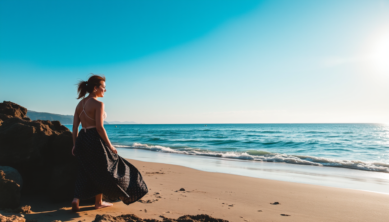 AI Art prompt example created from the prompt: Woman 21 and on beach pekni