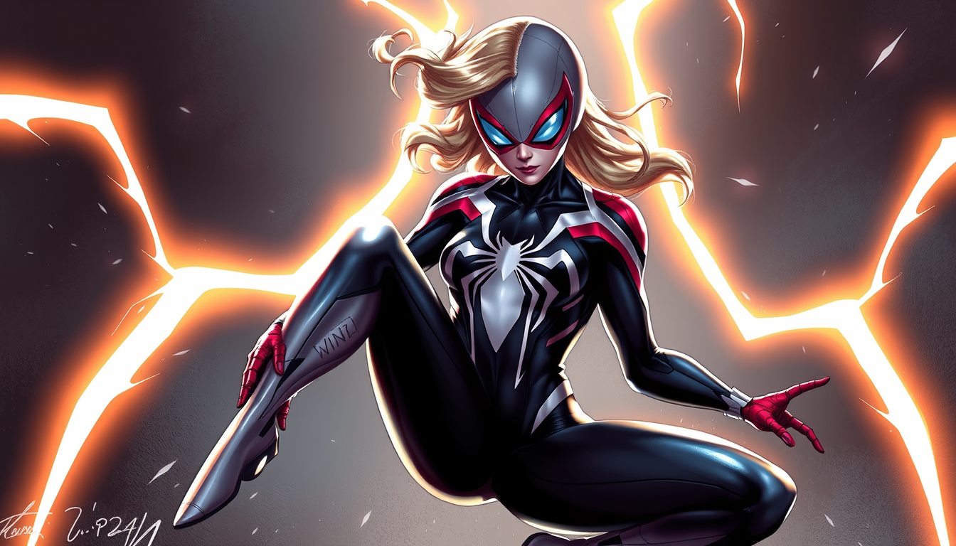 Superhero idea created from the prompt: original superhero character design, dynamic pose, bold costume, dramatic lighting, comic art energy, A girl with spider gwen costume a pied