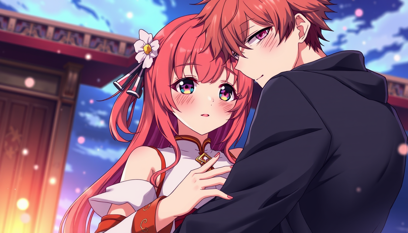 Anime idea: anime style, vibrant colors, expressive eyes, Fait moi akari shimizu de solo leveling qui enleve son chandail cole sa poitrine au bras dun homme et la