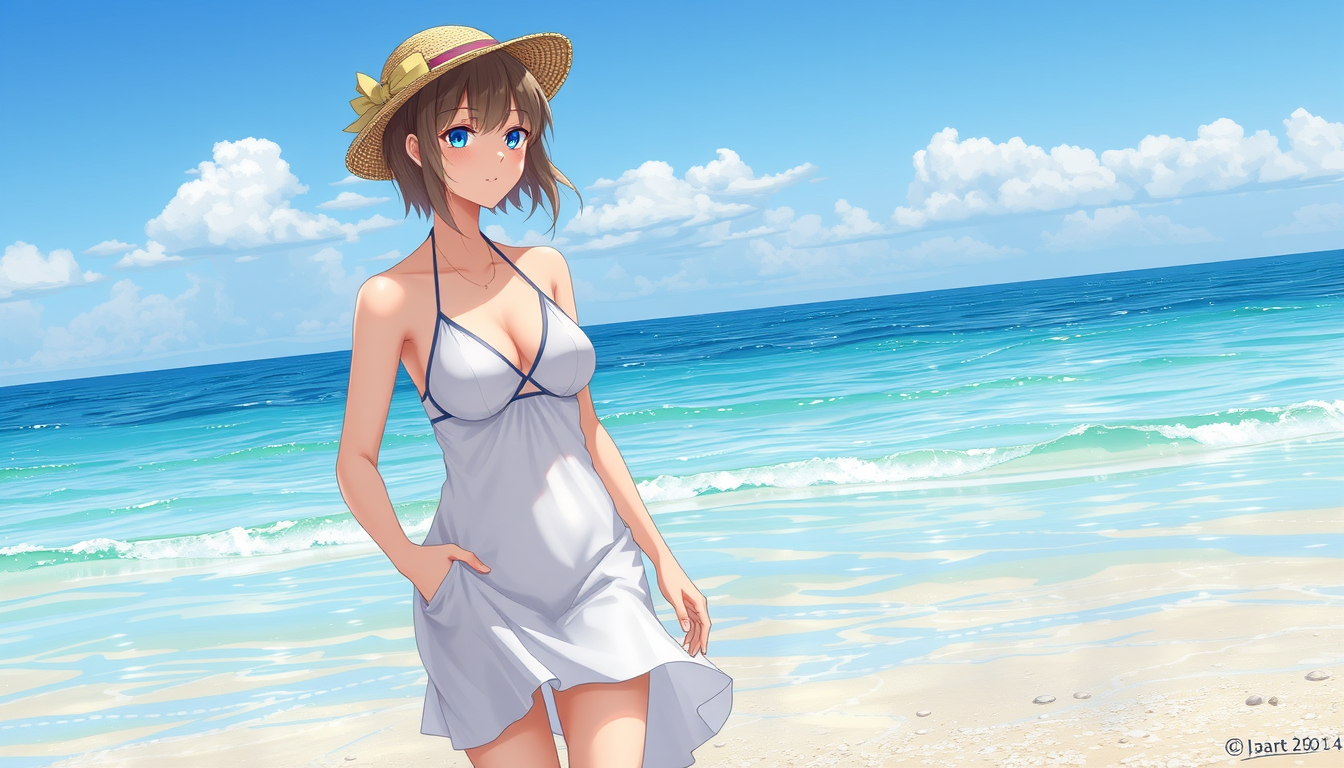 Main art studio: Eine Anime Frau in Badekleidung am strand