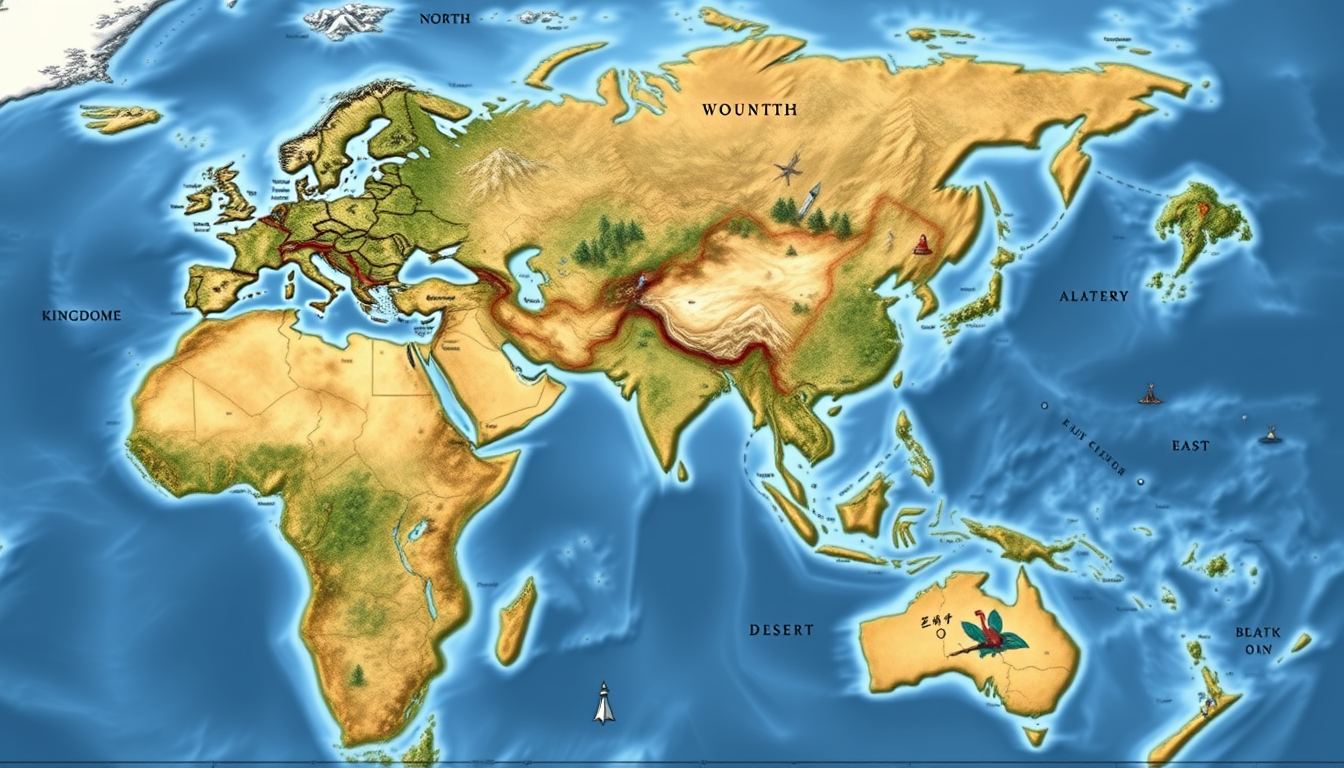 Fantasy Maps idea: a readable fictional world map with coherent coastlines, terrain regions, routes, and landmarks, deliberate composition, one continent. NORTH: Empire,