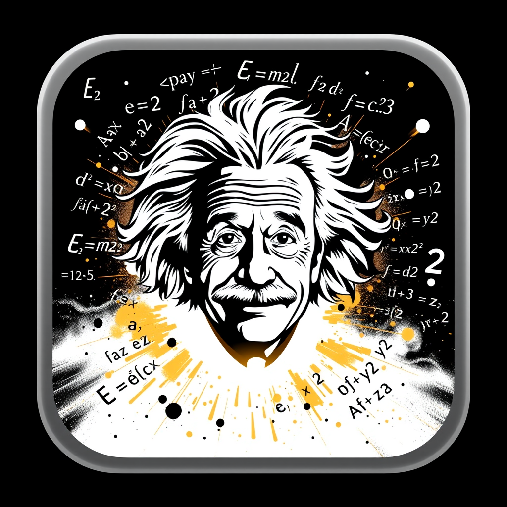 Main art studio: Dynamic professional app icon of Einstein with iconic wild hair, centered and slightly smiling. A powerful explosion of REAL mathematical equations bu