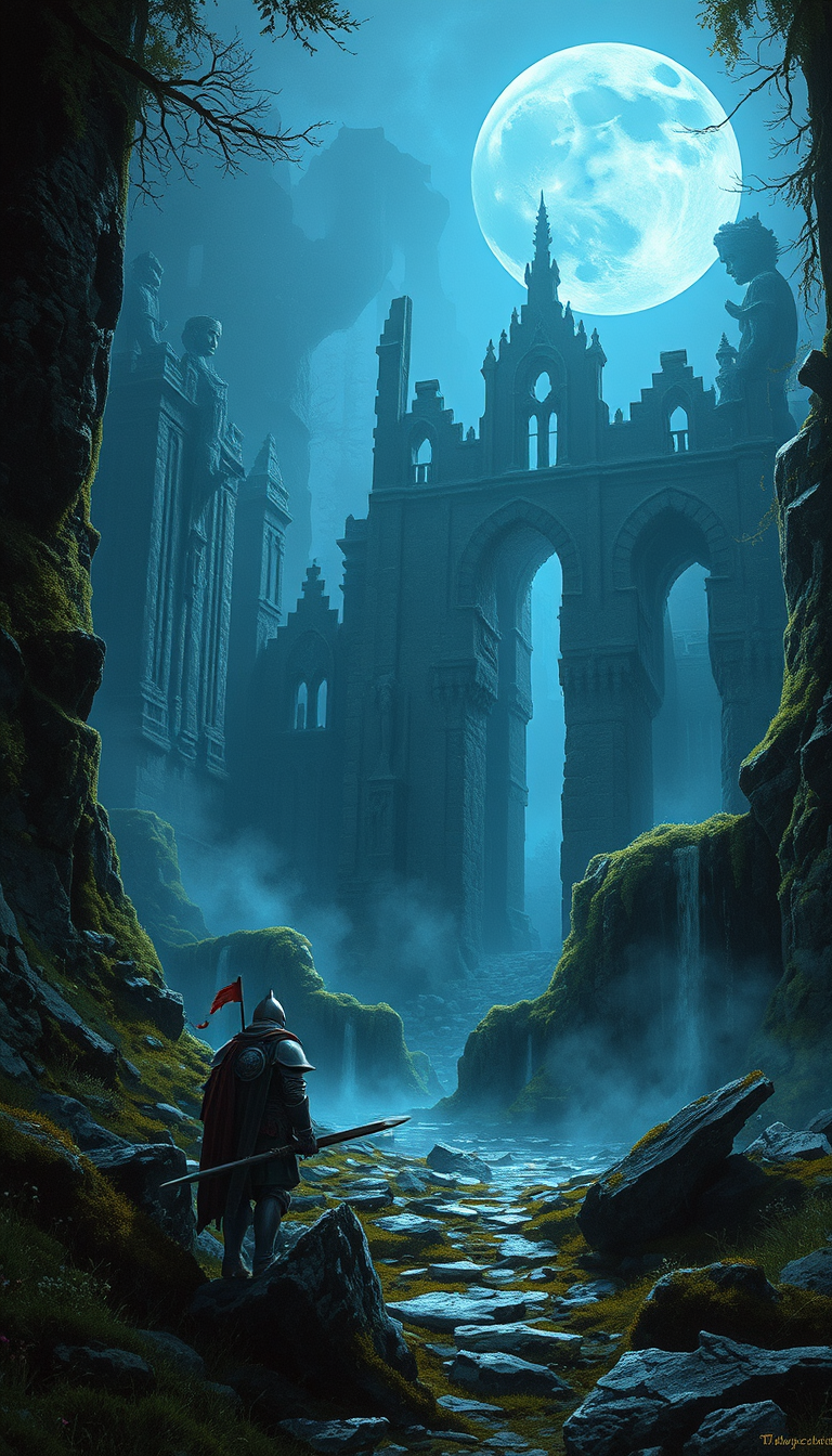 Main art studio: A lone armored knight explores enormous ancient medieval ruins hidden deep within a dark forest. Broken stone statues, giant arches and forgotten cast