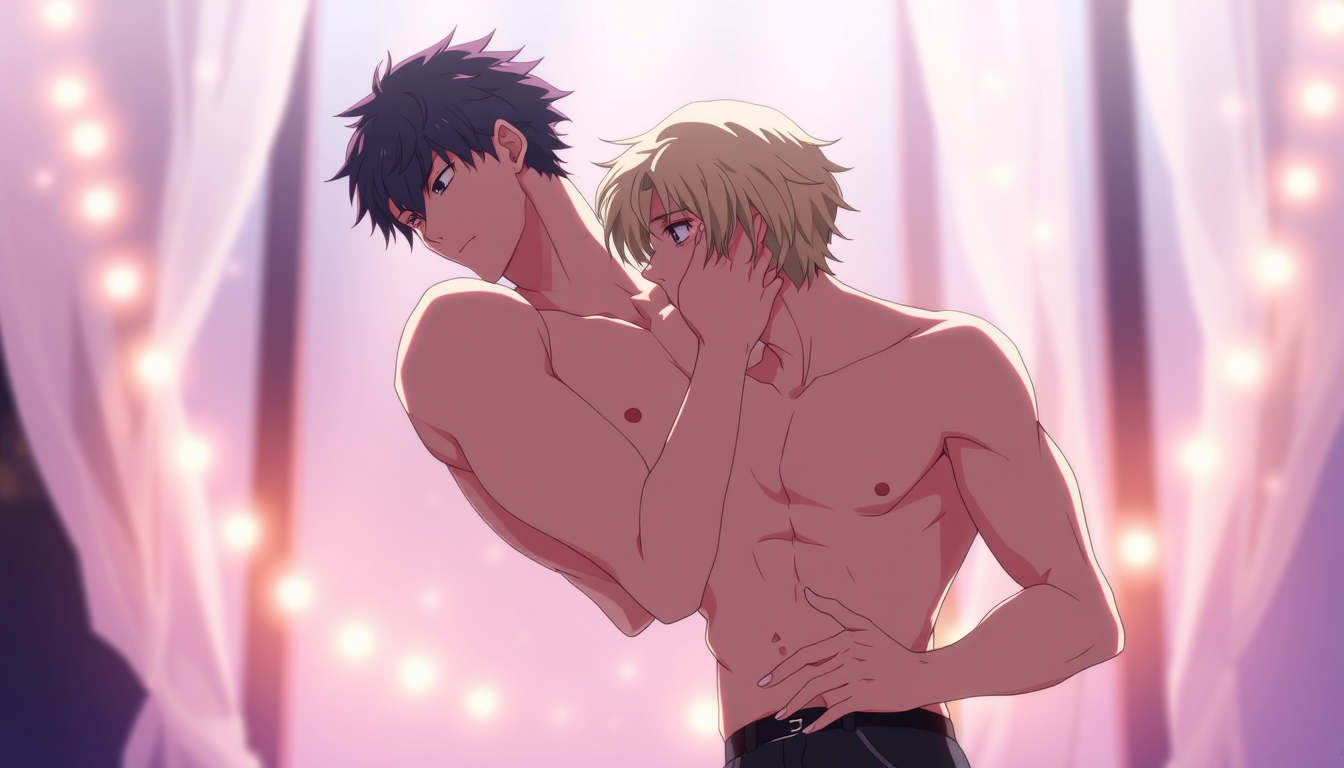 Main art studio: Gojo Satoru and Suguru Geto, adult versions, shirtless, romantic anime scene, Geto gently holding Gojo around the waist, both kissing tenderly, affect