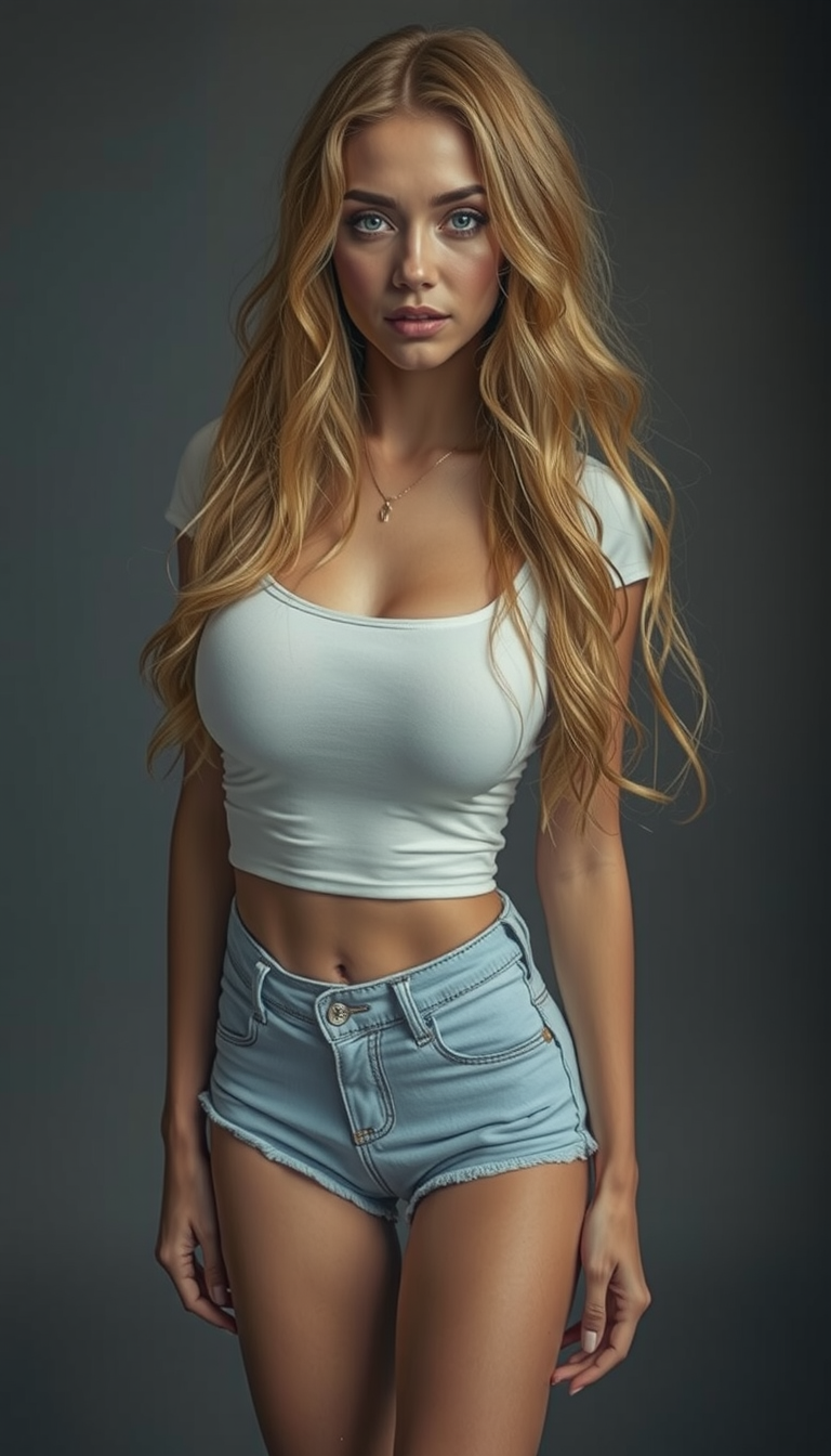 Main art studio: This girl in a jungle. With the white top and brown leather hotpants
