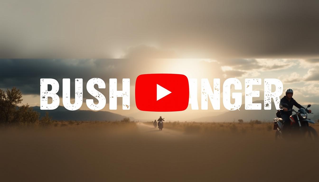 YouTube Banner idea created from the prompt: youtube channel banner, wide 16:9 composition, bold branding graphics, bushranger adventure motorbikes solo travel , channel-art ready banne