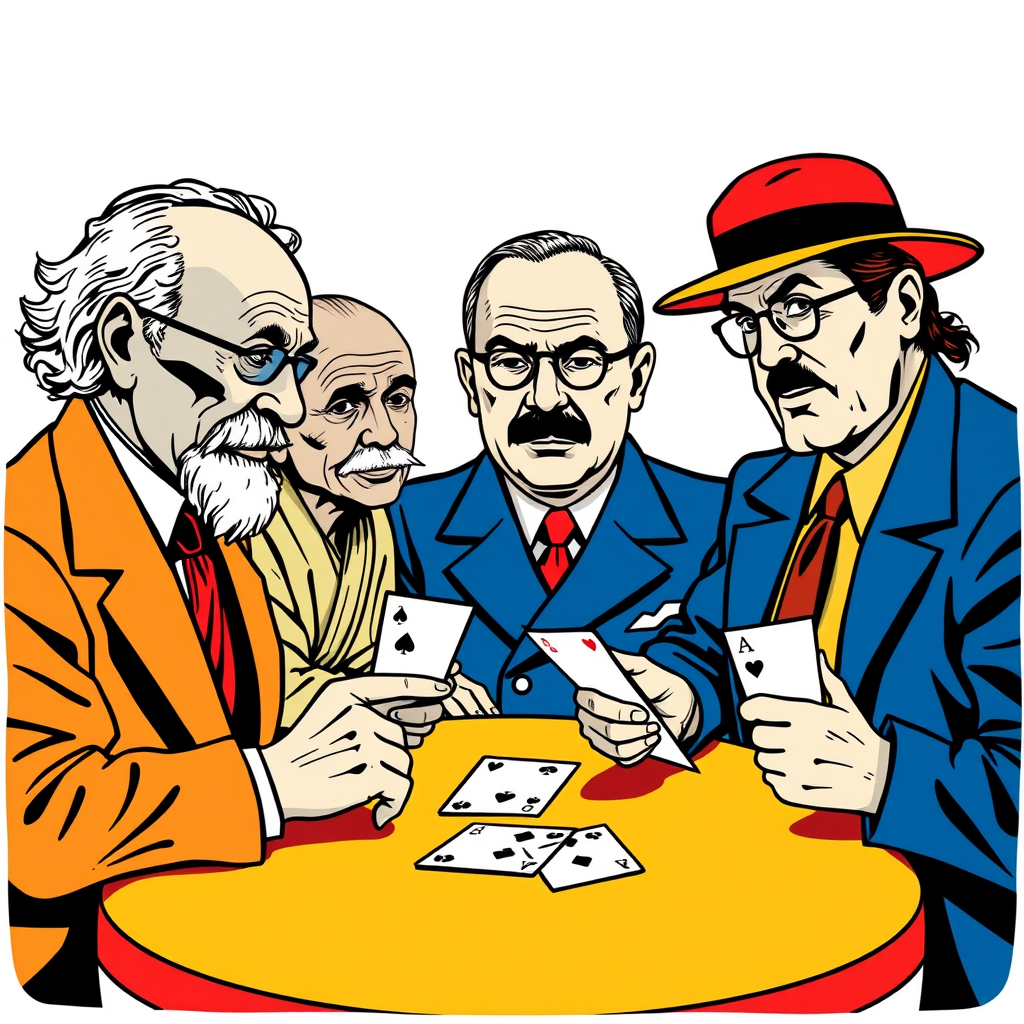 Main art studio: :writing{variant=“standard” id=“58163”} Einstein, Gandhi, Hitler and Michael Jackson playing a casual card game together, recognizable iconic faces, f