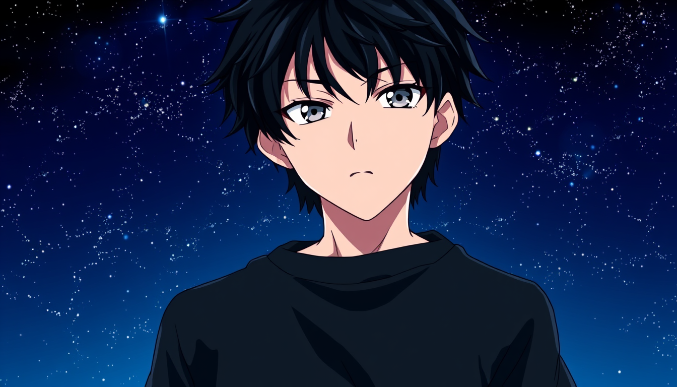 Anime idea: anime style, vibrant colors, expressive eyes, Original anime protagonist Universe King, young adult male with pale skin, sharp jawline, cool grey half