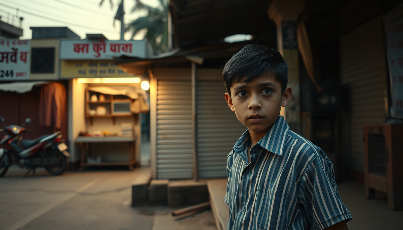 Main art studio: Same schoolboy arriving at the familiar roadside tea stall but finding it completely empty, looking surprised and worried, closed tea stall, quiet Ind
