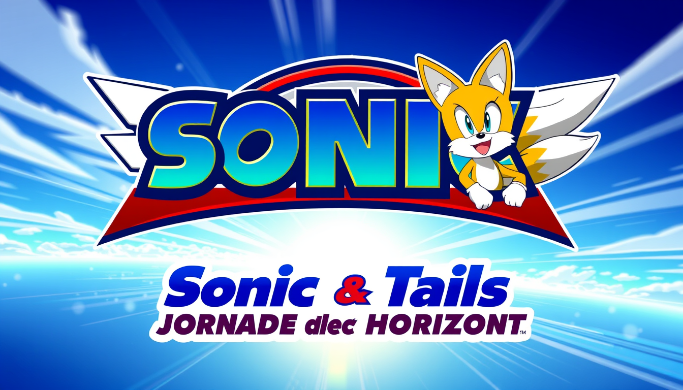 Main art studio: "Logo de aventura estilo Sonic clássico japonês, letras grandes e dinâmicas, azul e dourado, sensação de velocidade, horizonte com pôr do sol, vento,