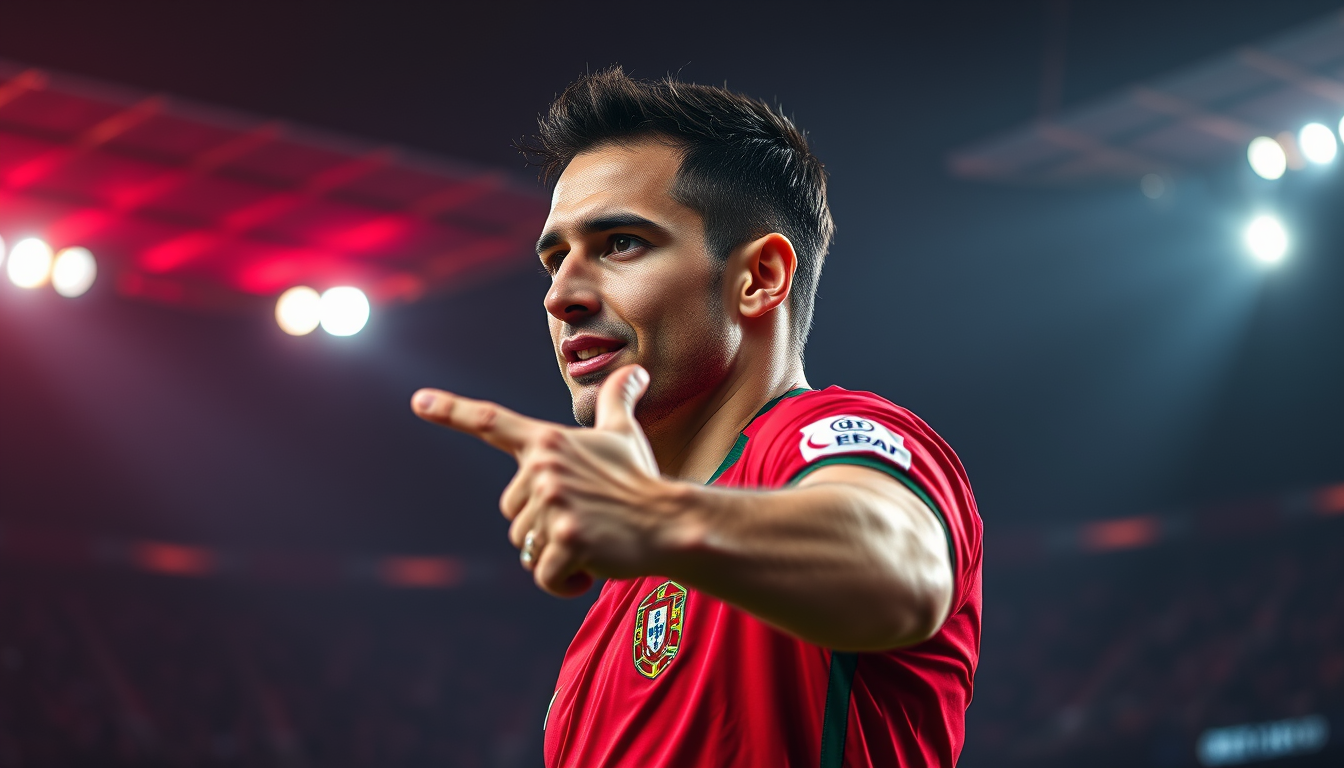 Main art studio: Famous Portuguese footballer, realistic sports portrait, iconic celebration pose, black and red neon background, dramatic stadium lighting, square pro
