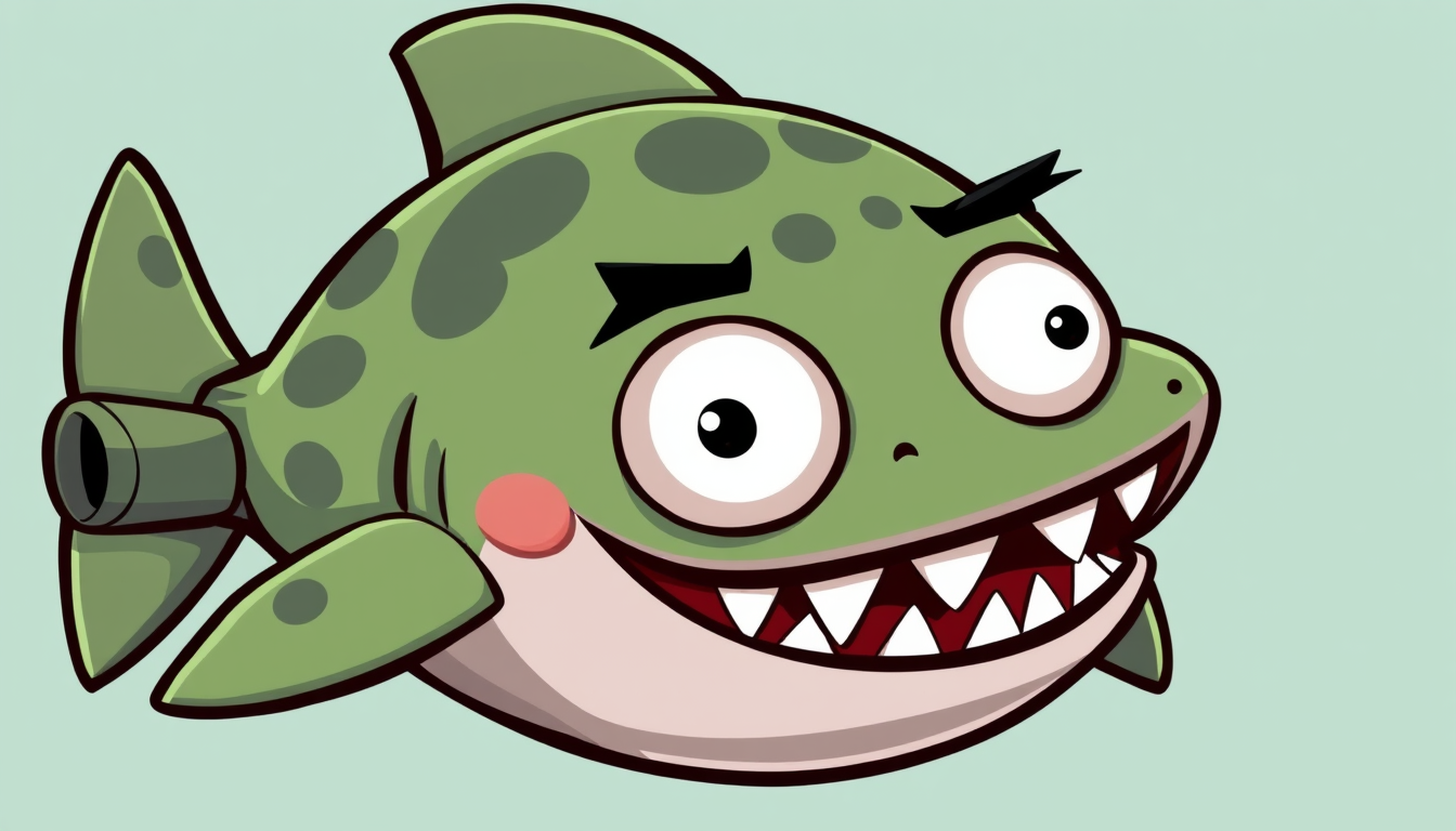 Main art studio: 2D cartoon brainrot shark, green and black shark, medium-sized round white eyes, small funny pupils, goofy smile, three cannons attached to its back,