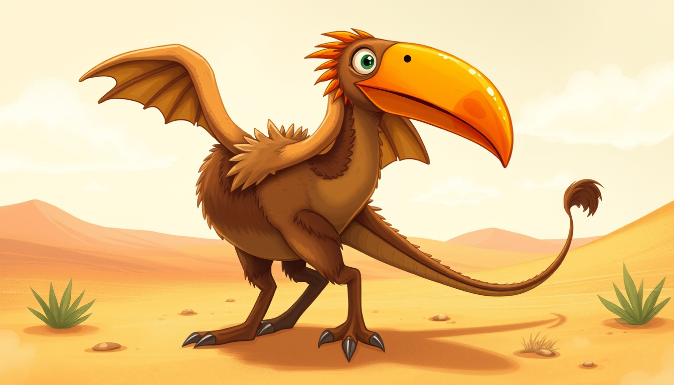 Main art studio: A large brown fantasy animal with four legs, two big wings and a large beak. It lives in a hot desert. It has a long tail and can crawl using its tail