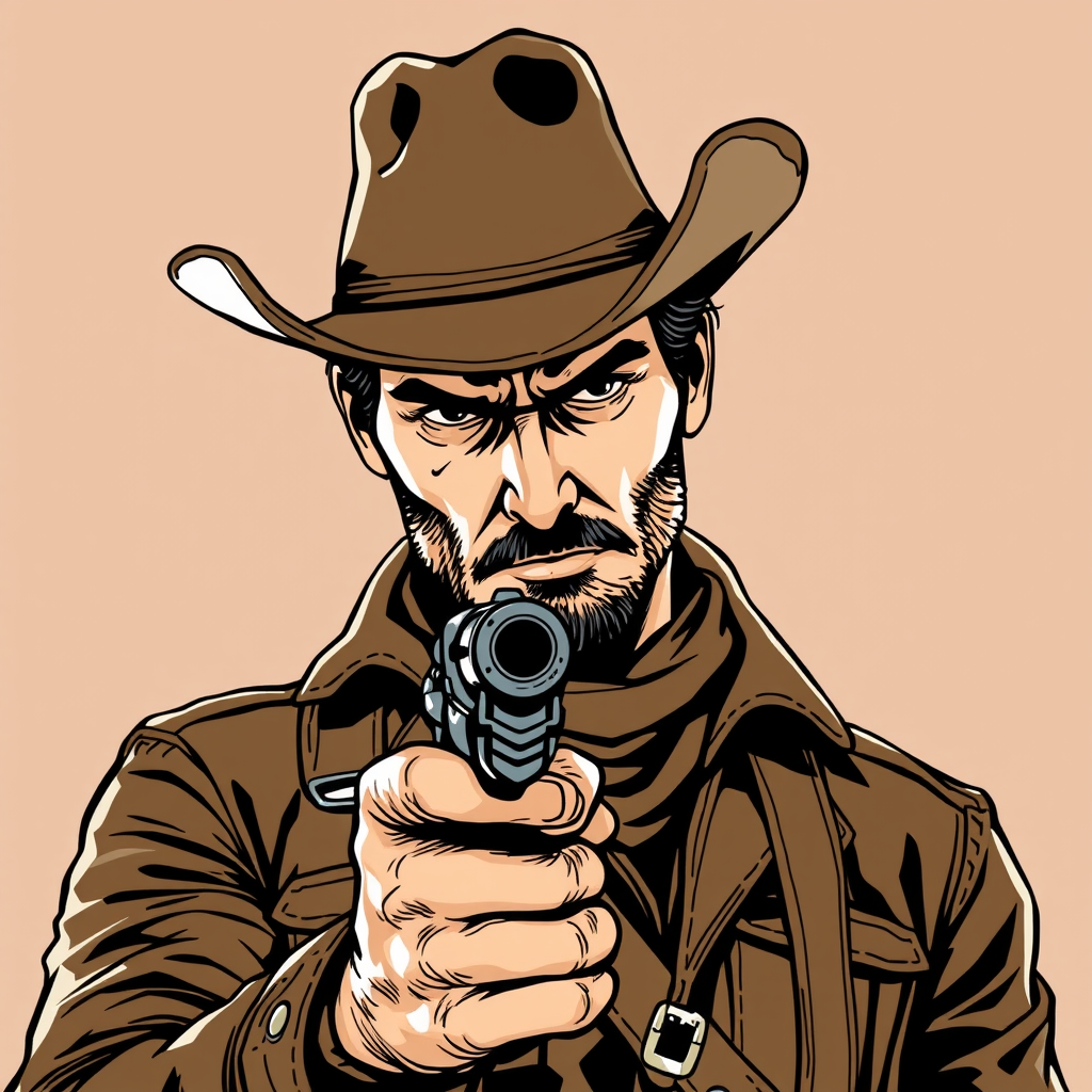 AI Art prompt example created from the prompt: Western bandit with pistol wearing leather looking down toward viewer with narrow eyes, stylized drawing