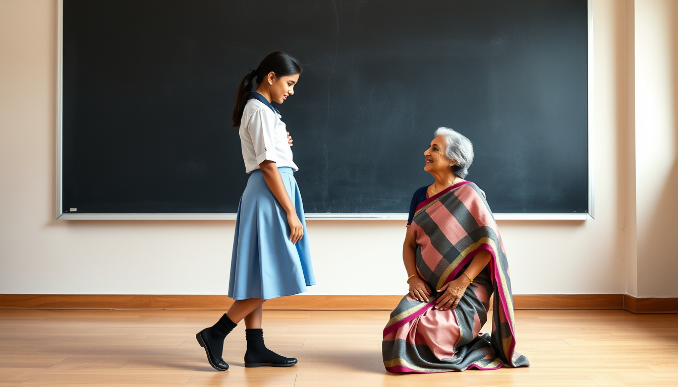 Main art studio: landscape image of a beautiful adult 18 year old indian high school girl stands leaning back against black board in empty classroom wearing white shir