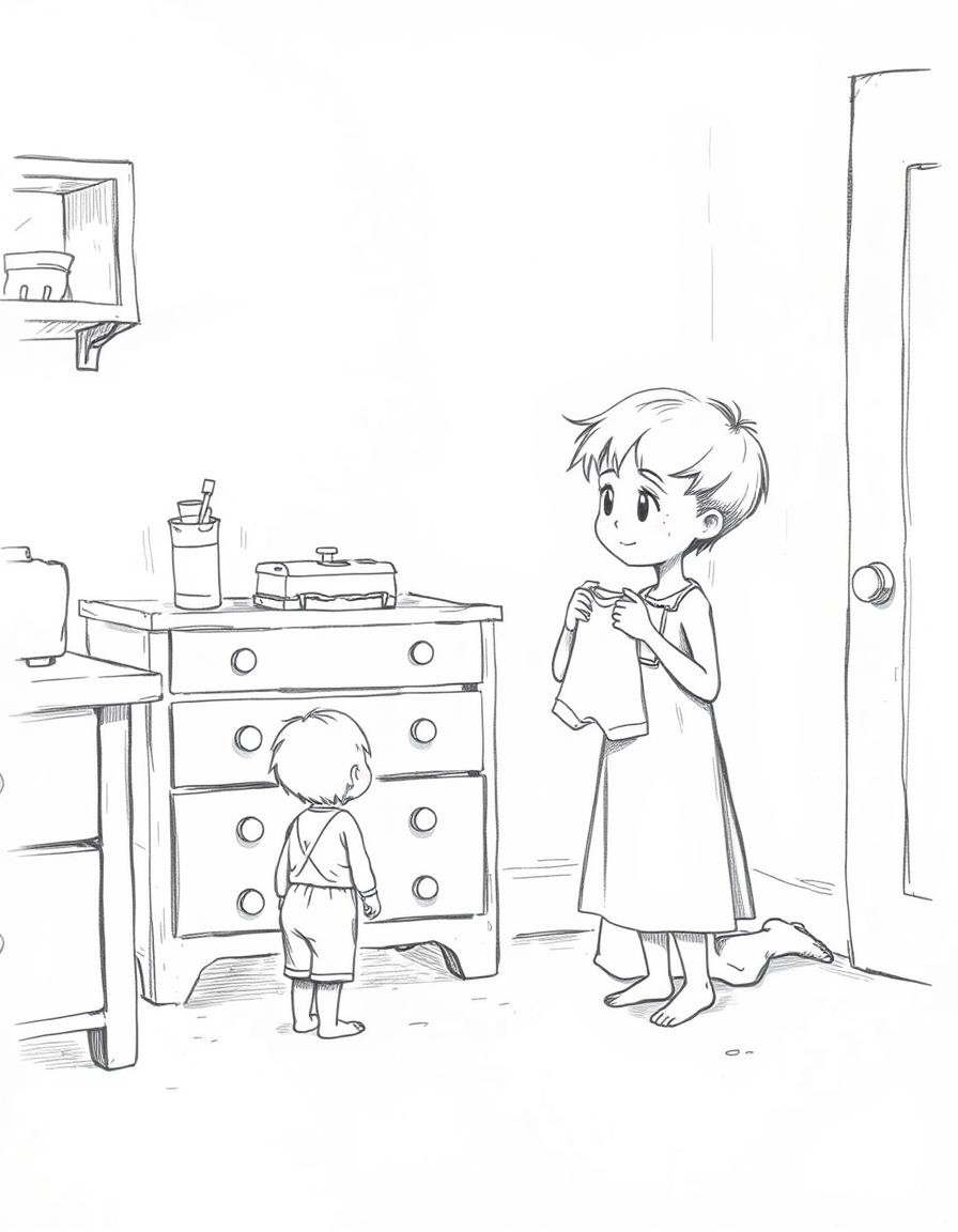 Main art studio: A black-and-white pencil sketch, like a simple hand-drawn animation. A little boy stands in a quiet bedroom, watching his mother kneeling beside an ol