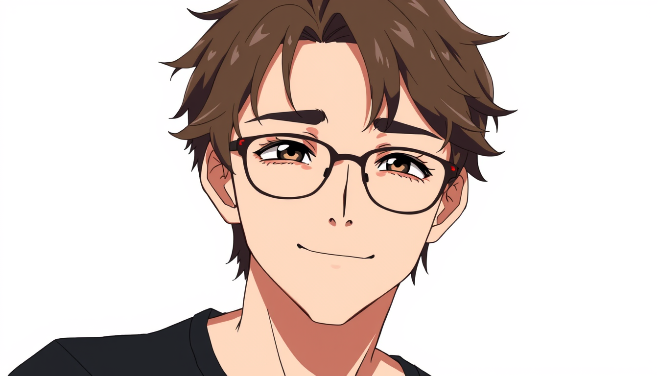 Main art studio: A fictional teenage boy with glasses, wavy-to-straight hair, a diamond-shaped face, a visible but not very sharp jawline, fair-ish skin, and a tall bu