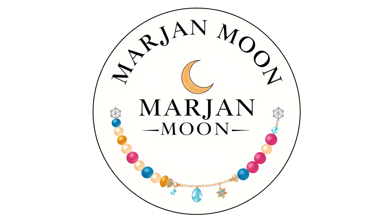 Main art studio: MARJAN MOON, circular jewelry logo, ivory background, elegant black text, colorful beads, pearls, cute bracelets, tiny charms, crescent moon, sparklin