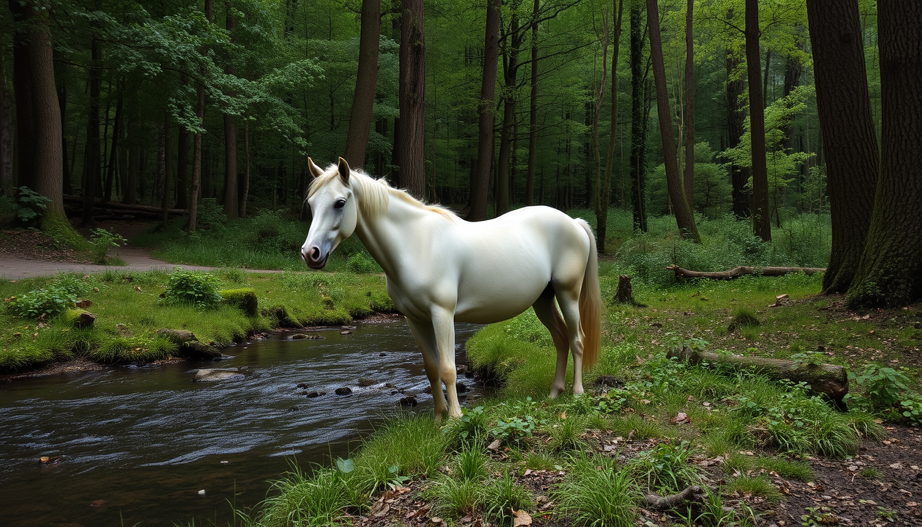 Main art studio: ein weisses Pferd an einem kleinen Bach in einem grünen Wald
