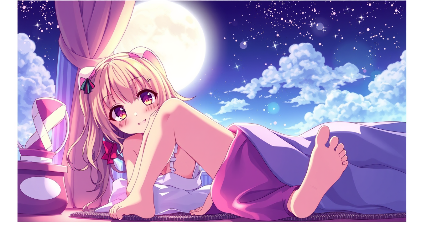 Anime idea: anime style, vibrant colors, expressive eyes, Animer fille montrant ces pieds nus dans le lit , detailler , detailed anime illustration