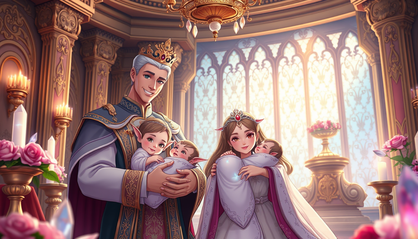 Main art studio: Inside the luxurious royal palace, a happy royal family celebrates the birth of twin elf princesses. The king and queen are smiling while holding thei