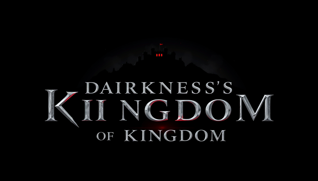 Logo idea: logo design, clean minimal mark, bold simple shapes, balanced composition, Simple dark fantasy background, DARKNESS OF KINGDOM logo large and highly v