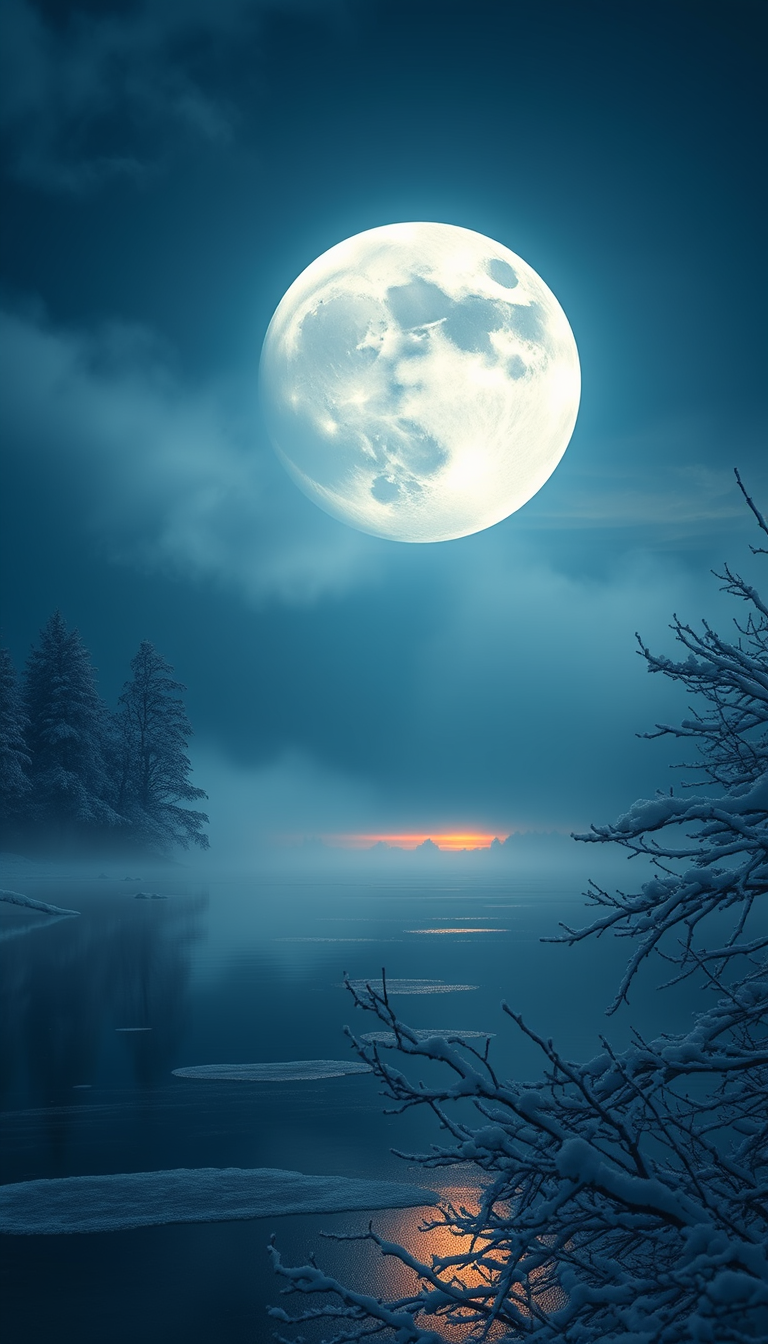 Main art studio: Surreal winter night landscape, vertical 9:16 mobile wallpaper. A gigantic luminous moon floats above a tranquil frozen lake, surrounded by mist, snow
