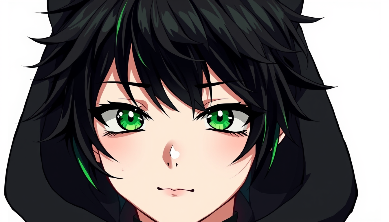 Anime idea: anime style, vibrant colors, expressive eyes, Androgynous emo femboy anime character, messy jet-black hair with vivid neon green streaks, pale skin, h