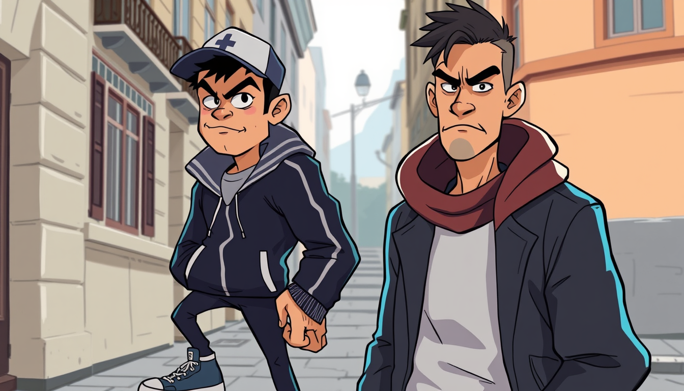 Main art studio: Two adult French urban characters. One man wearing a tracksuit, sneakers and a cap, confident attitude, sharp face, expressive eyes. One man wearing s