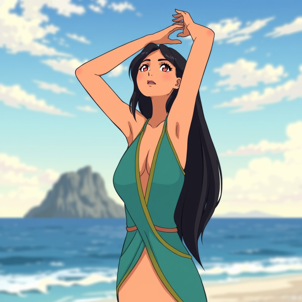 Main art studio: Kanan; in 10 seconds 2D anime video: She maintaining her specific posture with no movements, she turn her body to front sea in last 2 seconds, (arms r