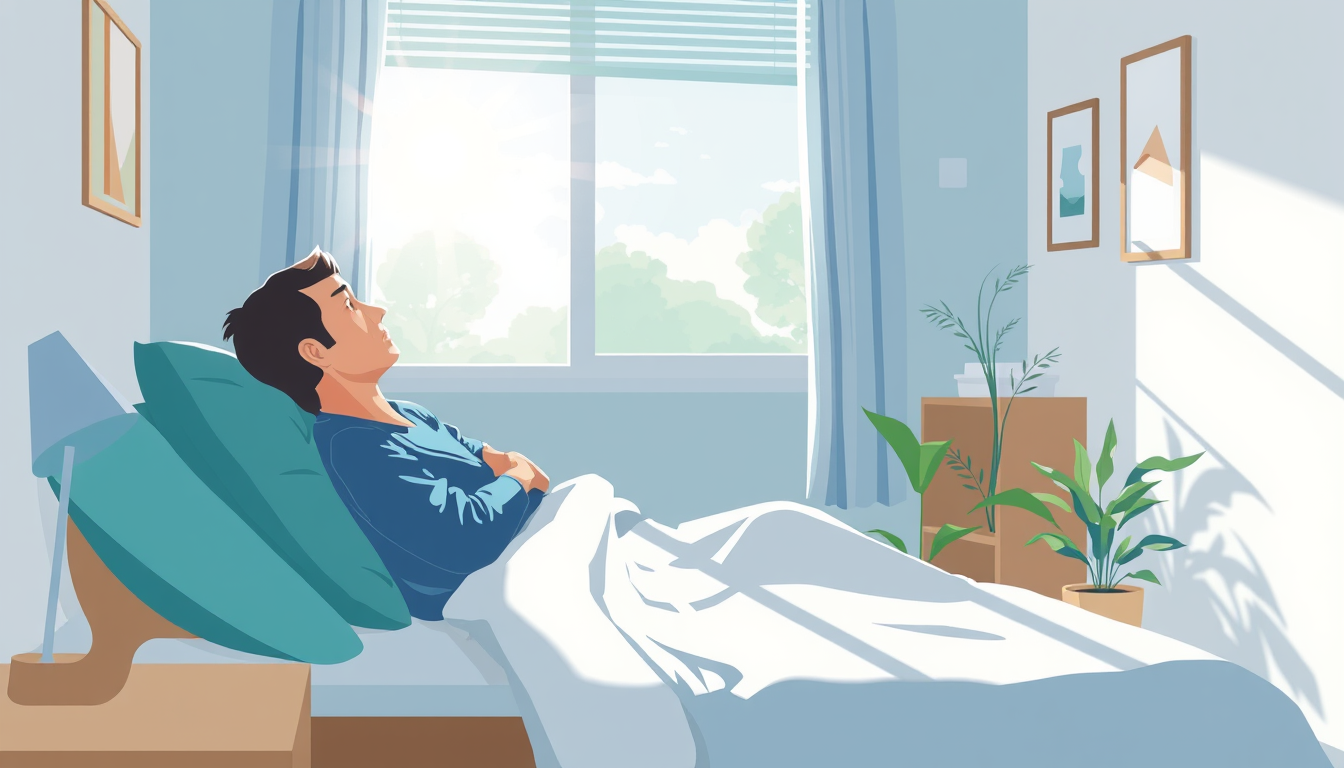 Main art studio: Ilustración realista de una persona descansando en una habitación tranquila mientras recibe apoyo profesional. La escena transmite calma, seguridad y