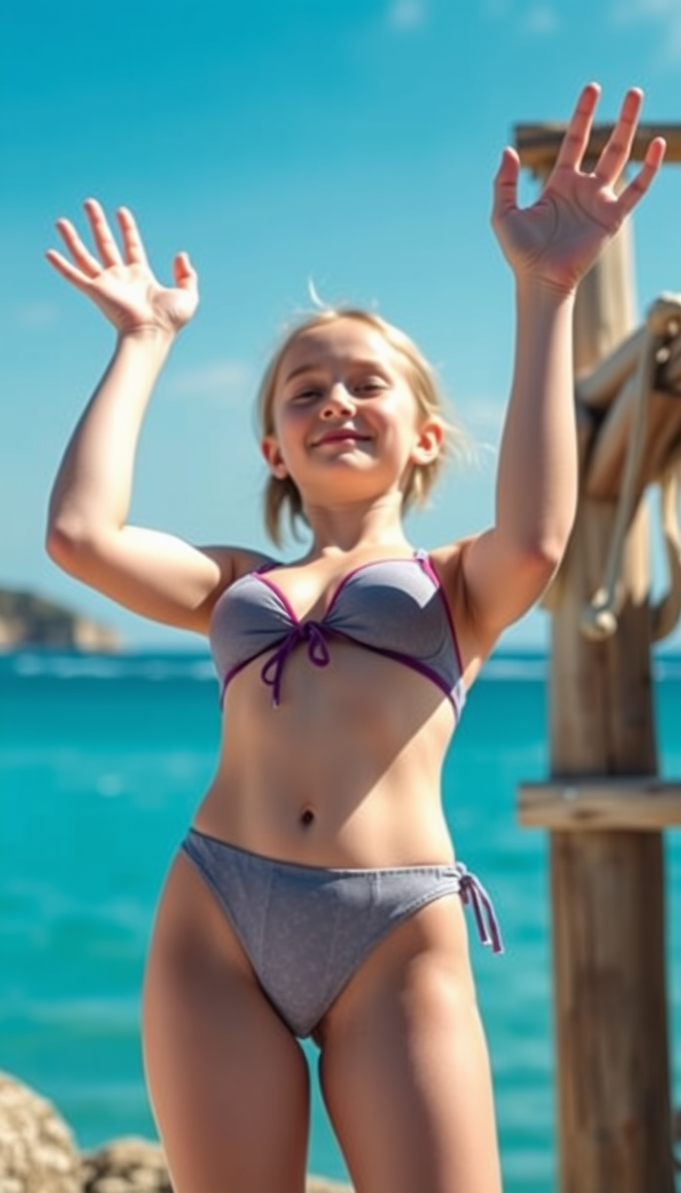Main art studio: girl lifting up her boob with both hands facing the camera in a bikini