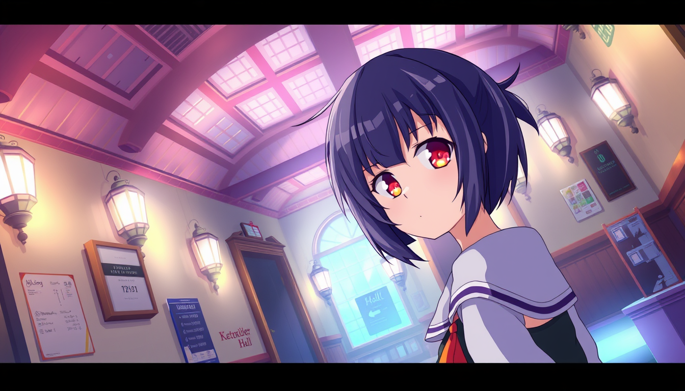 Anime idea: anime style, vibrant colors, expressive eyes, Hall , detailed anime illustration