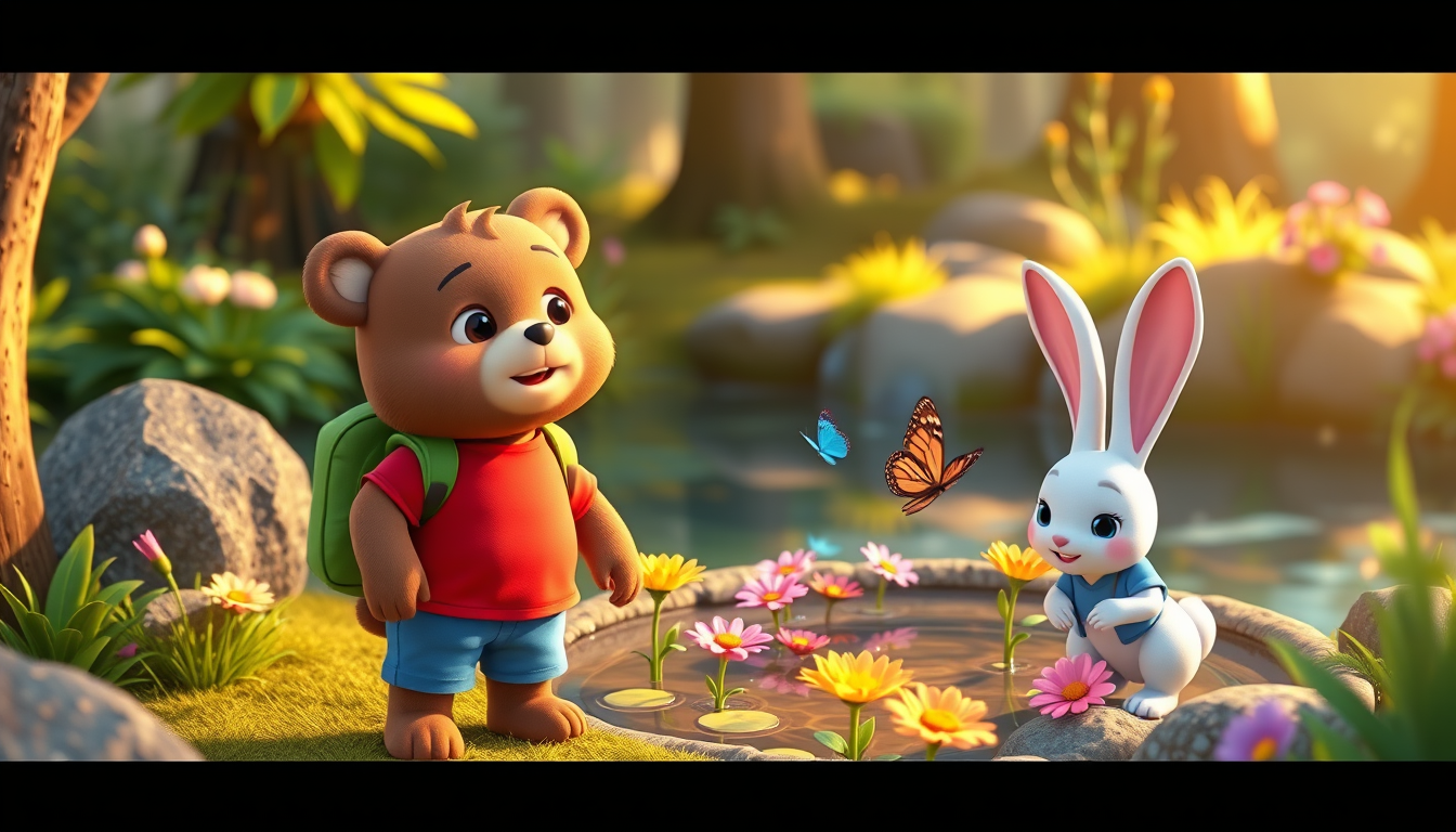 Main art studio: 3D animated children's cartoon. Bruno, the cute brown bear in a red T-shirt, blue shorts, and green backpack, stands beside Benny, a small white rabbi