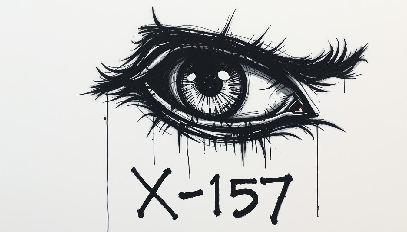 Main art studio: An angry right eye with the phrase X-157 underneath as part of the drawing. Dark and foreboding maybe even ethereal. In a graffiti style.