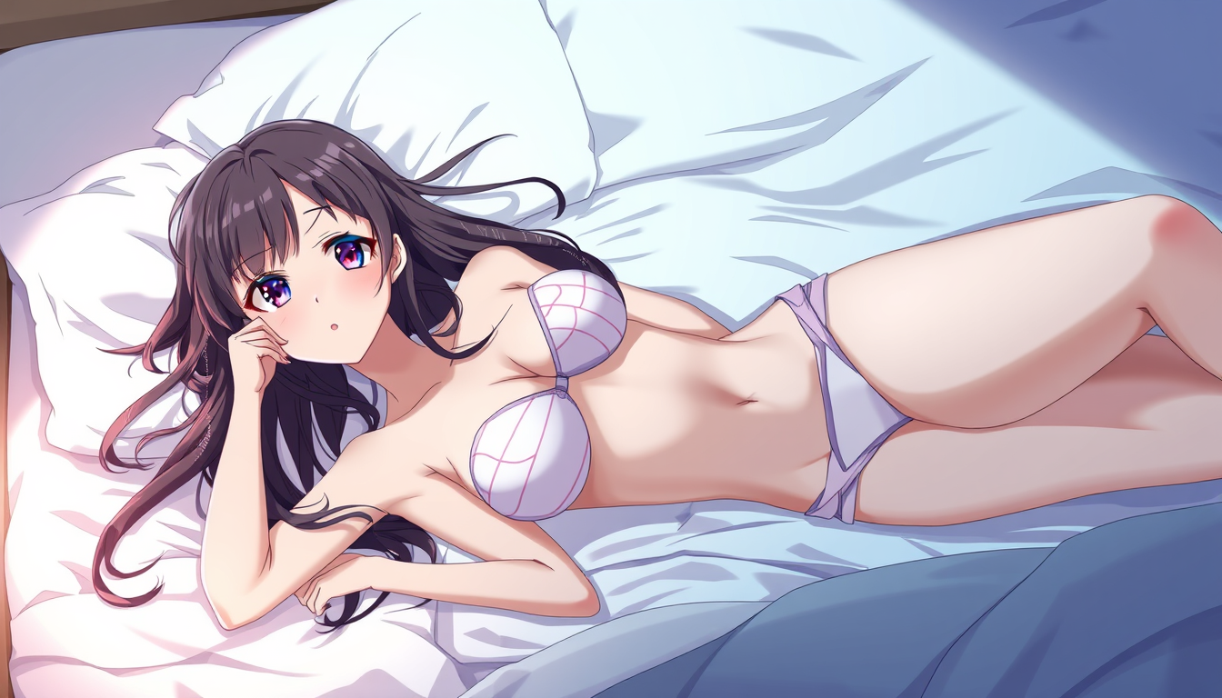 Main art studio: Anime woman wearing a bikini lying in bed on her stomach, she has large chest, setting is in a non-suggestive pose