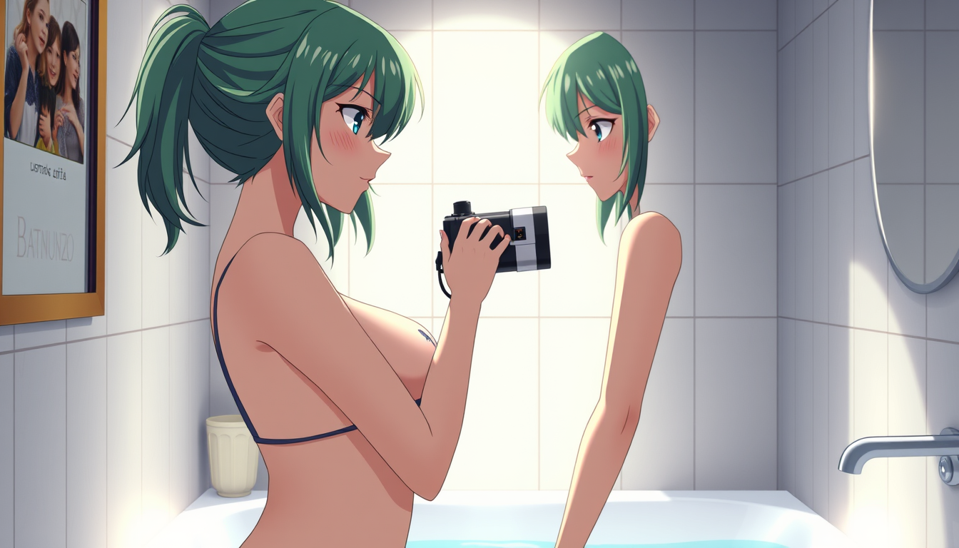 Main art studio: anime 3d, ragazza con capelli verdi che si piega in avanti a baciare la telecamera in 3/4 di busto, nella stanza da bagno