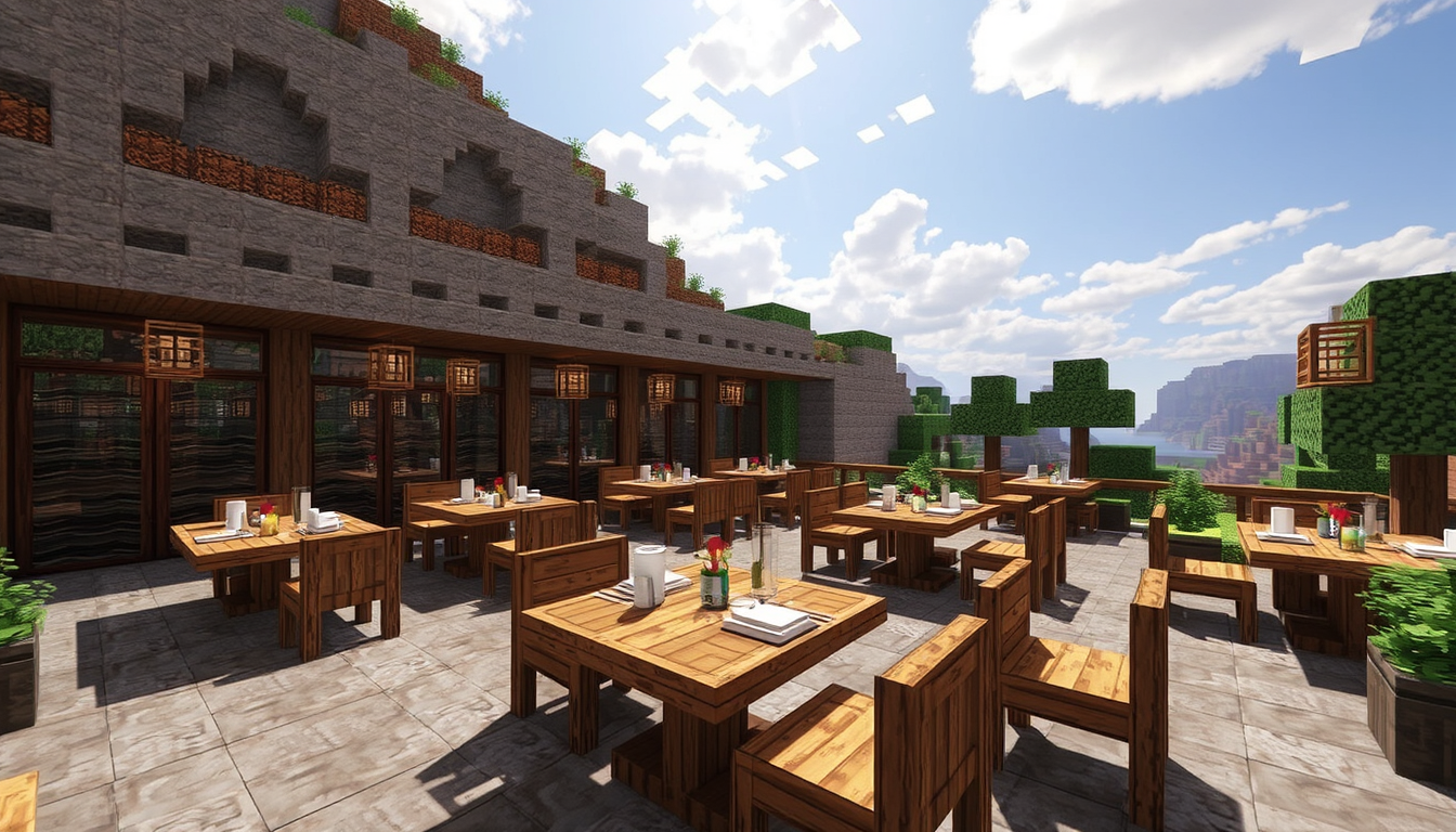 Main art studio: me de uma imagem de minecraft de um telhado aberto com mesas de um restaurante com 5 andares para cima