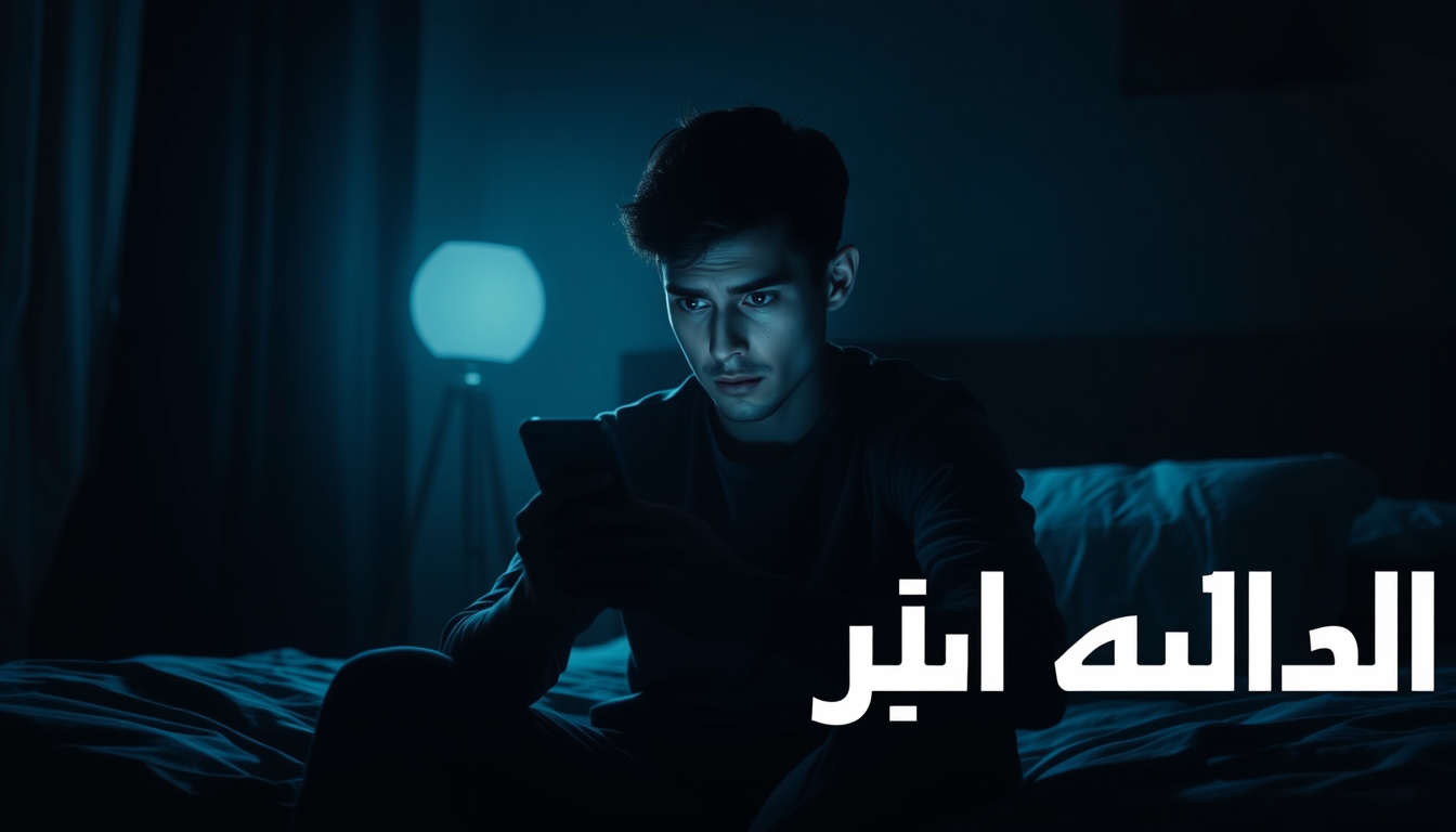 Main art studio: Ultra-realistic cinematic psychological scene, adult young man sitting alone in a dark bedroom at night, staring anxiously at a smartphone waiting for