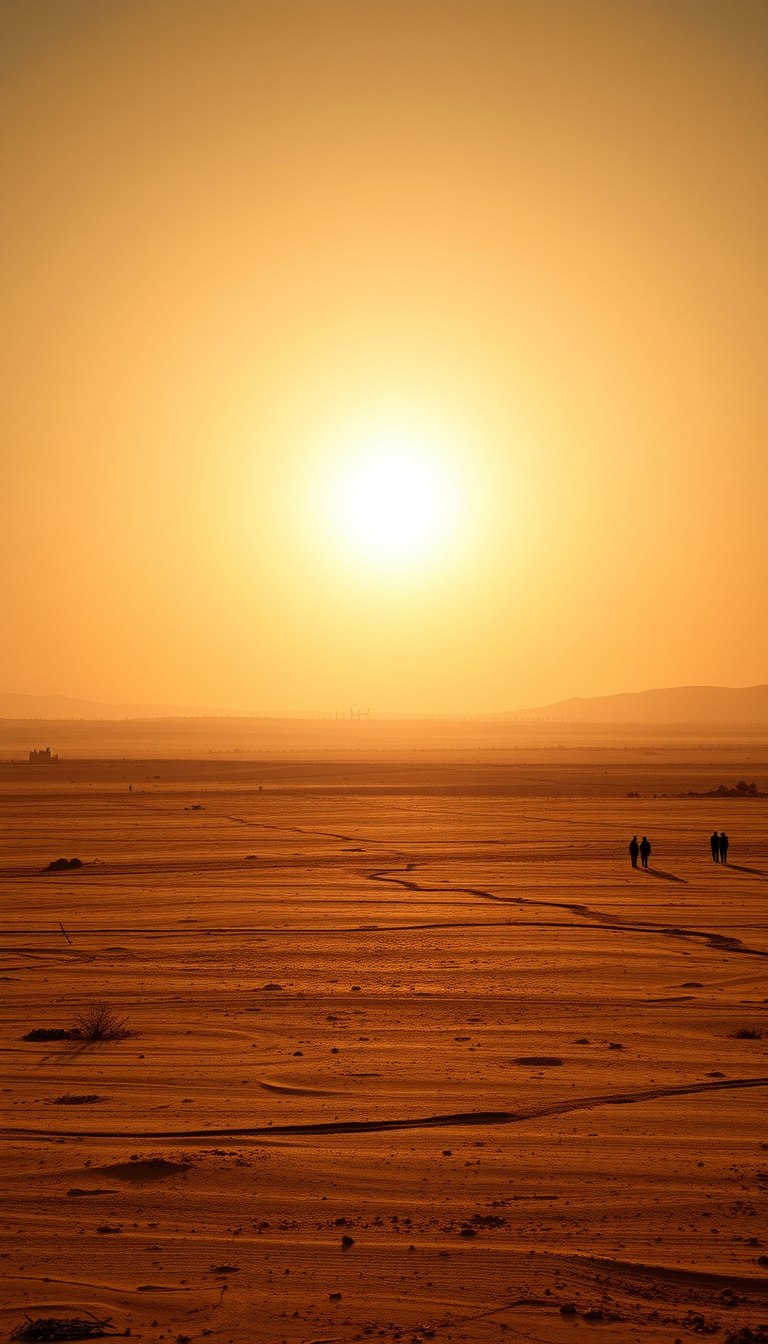 Main art studio: A vast empty landscape with no trees, no buildings, no shade. The blazing sun dominates the sky while distant silhouettes search for relief. Strong he
