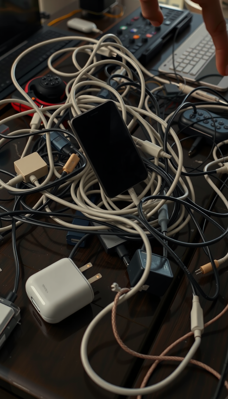Main art studio: Ultra realistic cinematic video. A messy desk full of tangled charging cables. A frustrated hand enters the frame, grabs several charging cables at on