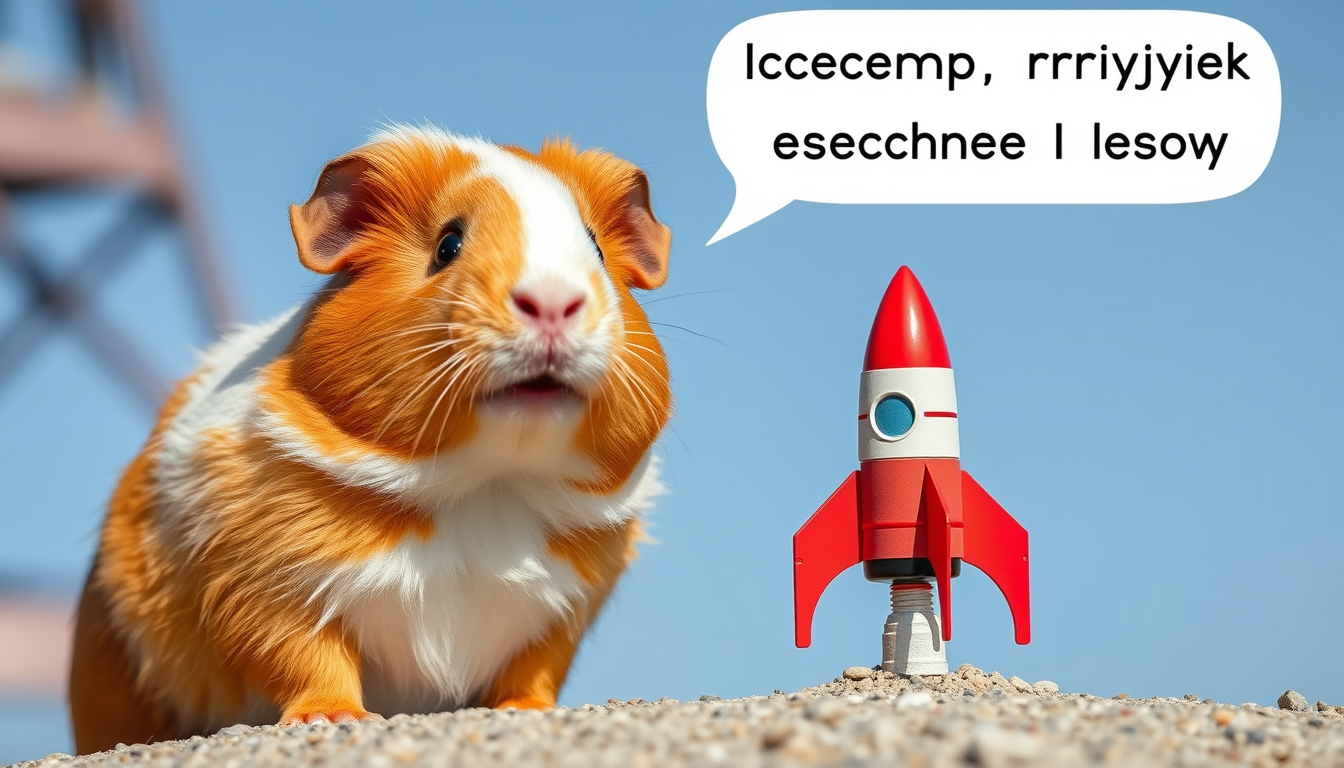 Main art studio: Orange-and-white guinea pig Zhorik stands next to ONE small colorful rocket. He looks at the camera and says in Russian: “Всем привет! Сегодня я лечу