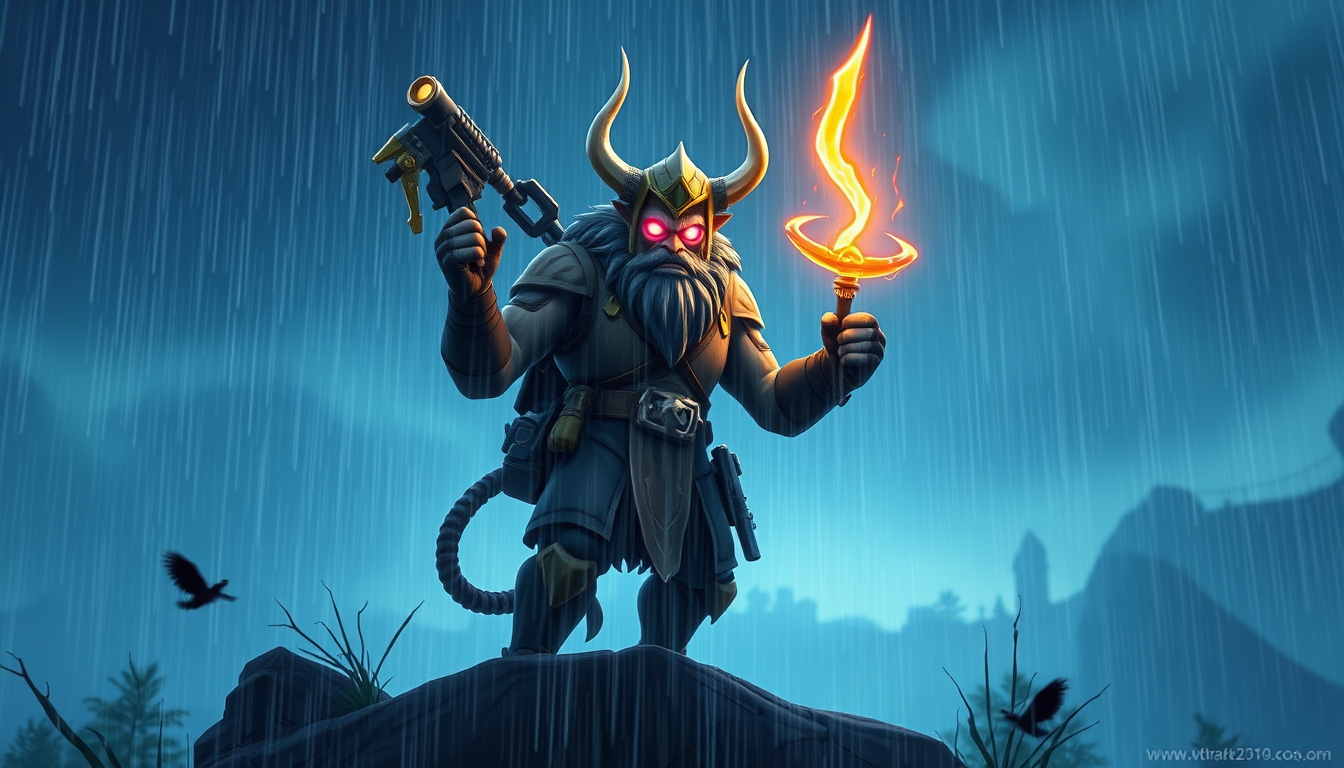 Wallpapers idea: wallpaper artwork, wide atmospheric scene or bold pattern, high detail, Guerrier Oni Mystique de fortnite sous la pluie et la foudre qui fait des effe